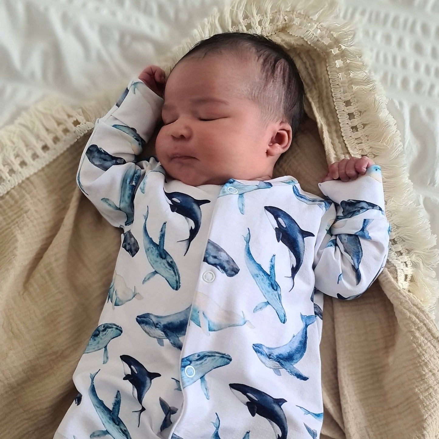 Whale print cotton sleepsuit: 3-6 M