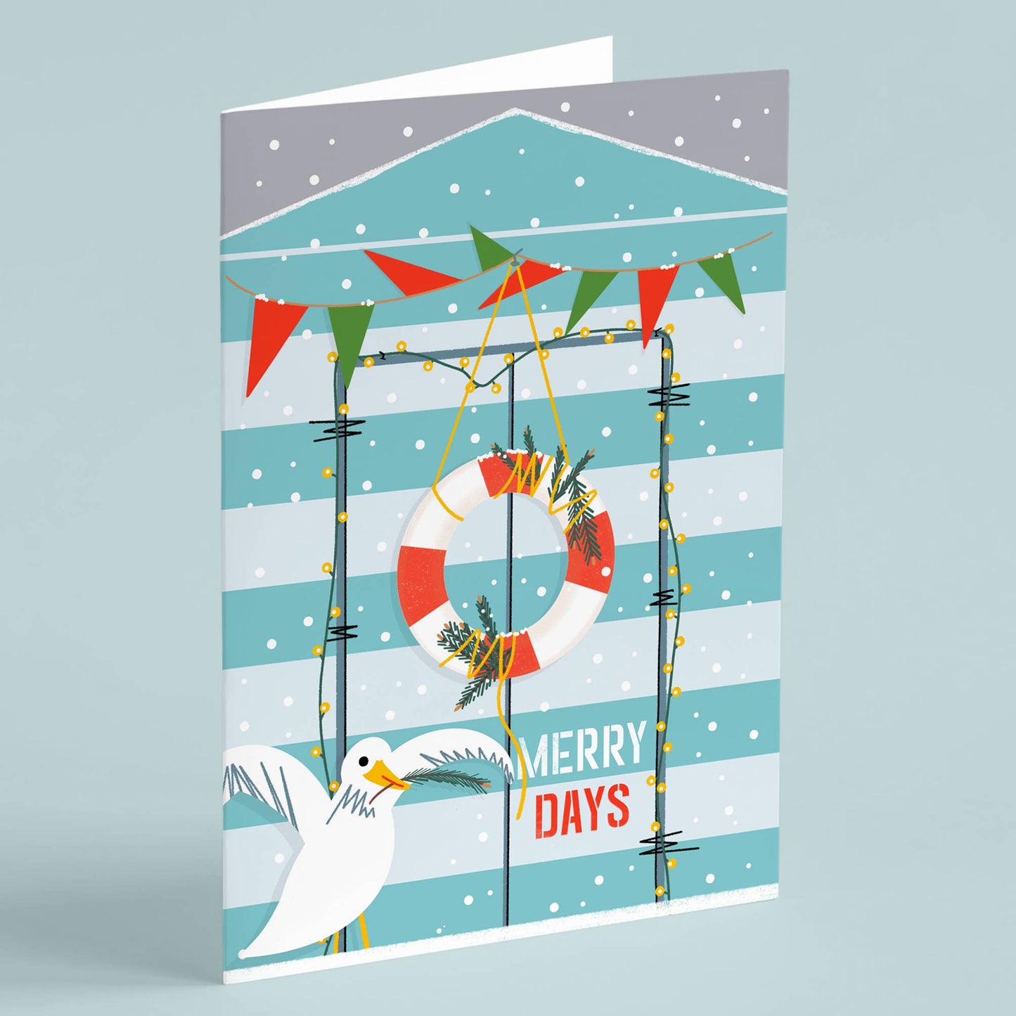 Coastal Christmas card Christmas at the beach hut light blue