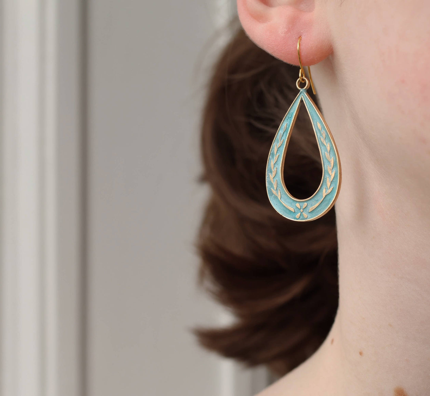 Art Nouveau Floral Sprig Hoop Earrings: Olive Green