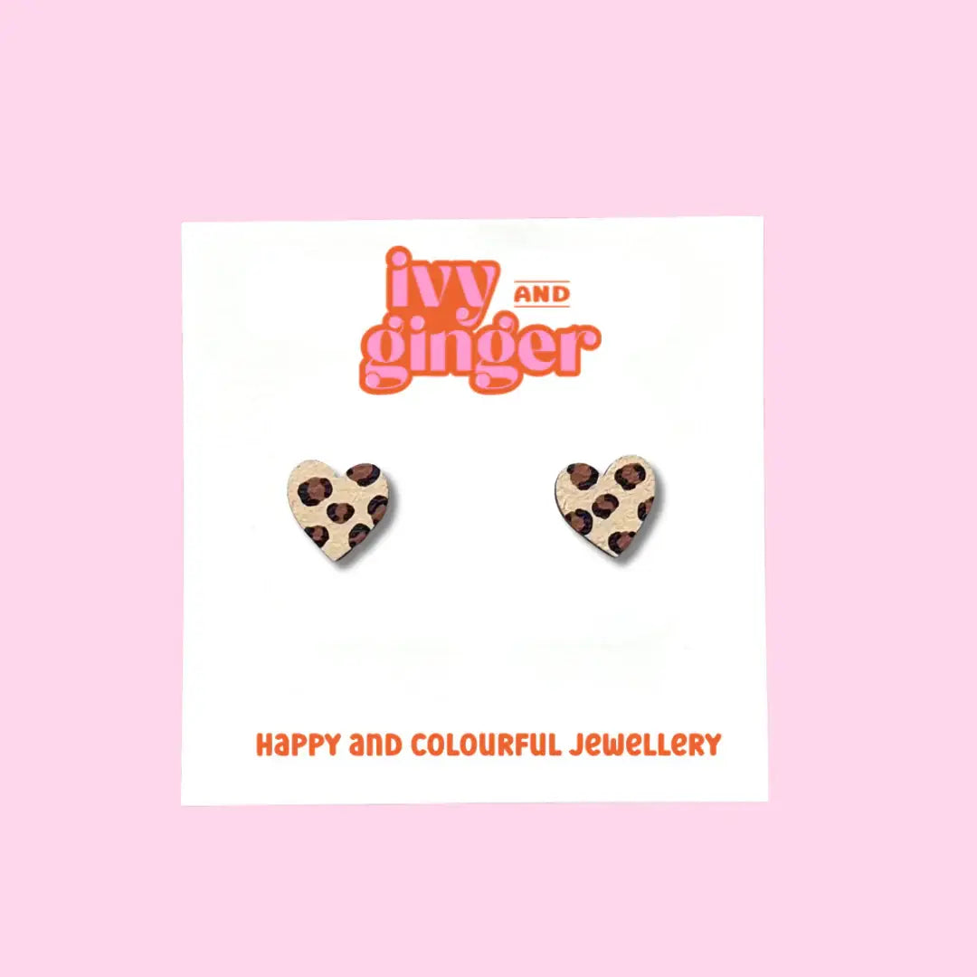 Handmade Brown Leopard Print Mini Heart Stud Earrings