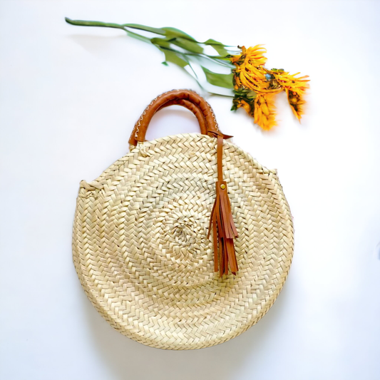 Straw Tote Bag with Leather Handles | Round bag: Brown