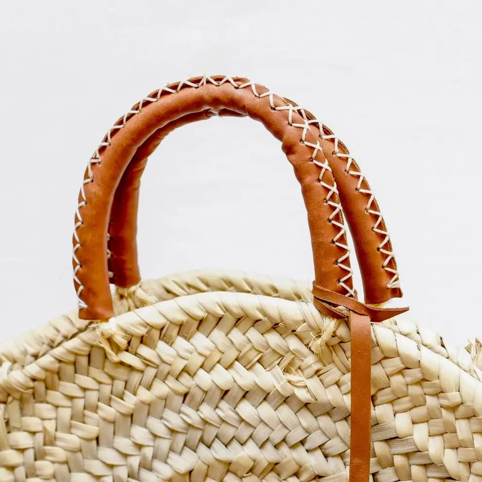Straw Tote Bag with Leather Handles | Round bag: Brown