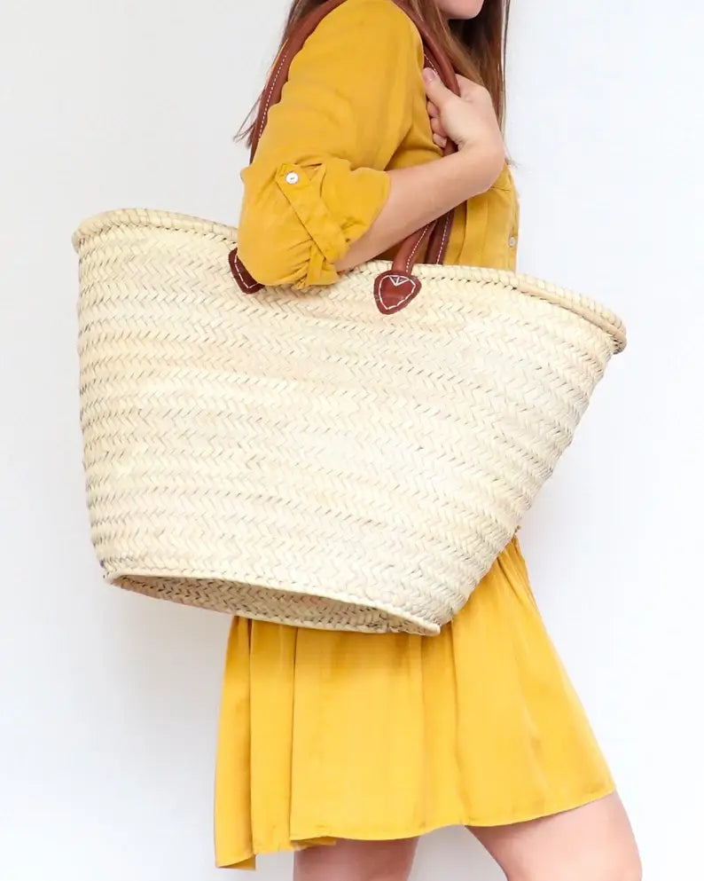003 STRAW BAG Handmade with leather, French Market Basket: Brown