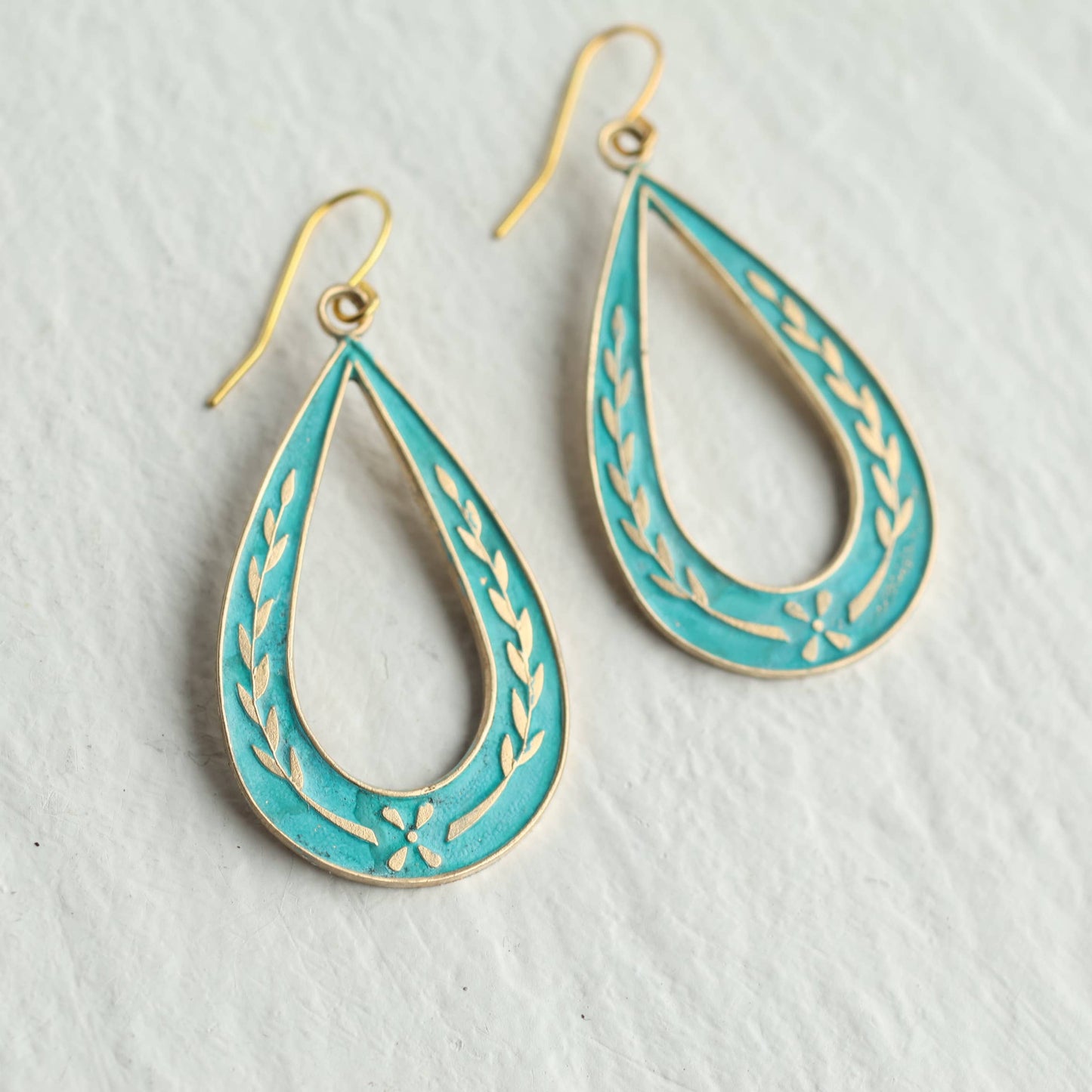 Art Nouveau Floral Sprig Hoop Earrings: Olive Green