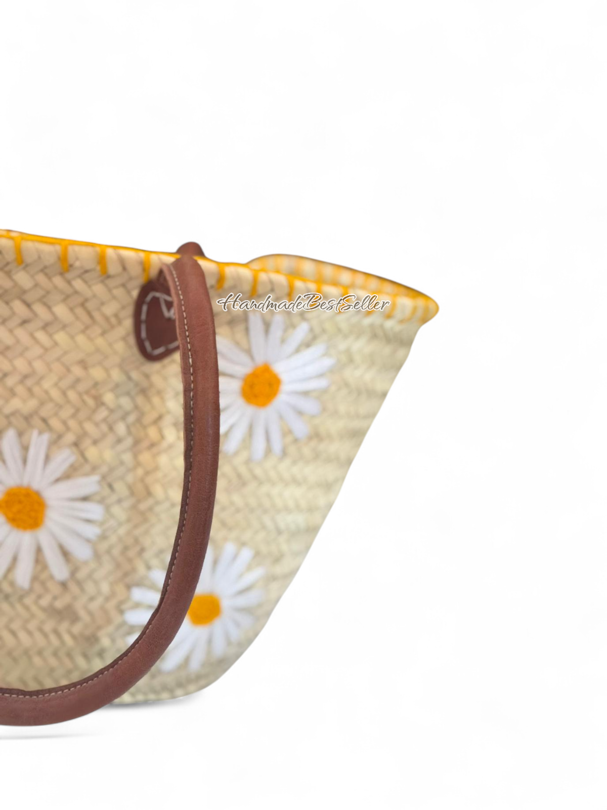 001 Handmade Straw Tote with Daisy Embroidery & Leather Straps