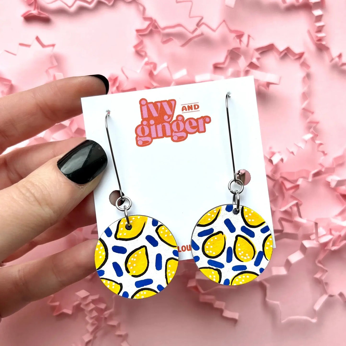 Ivy ang Ginger - Lemon print hand painted wooden dangle drop earrings