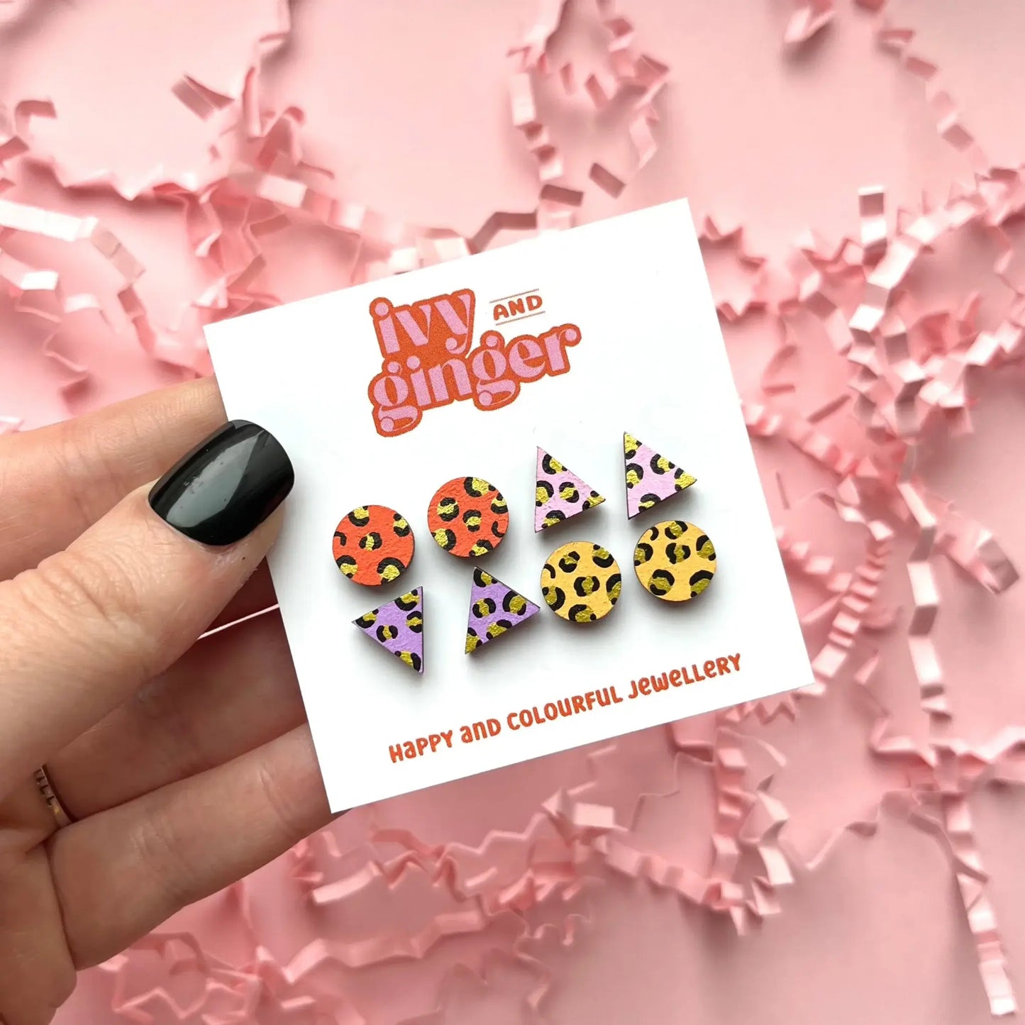 Ivy and Ginger - Handmade Bright Mini Leopard Print Stud Set Wooden Earrings