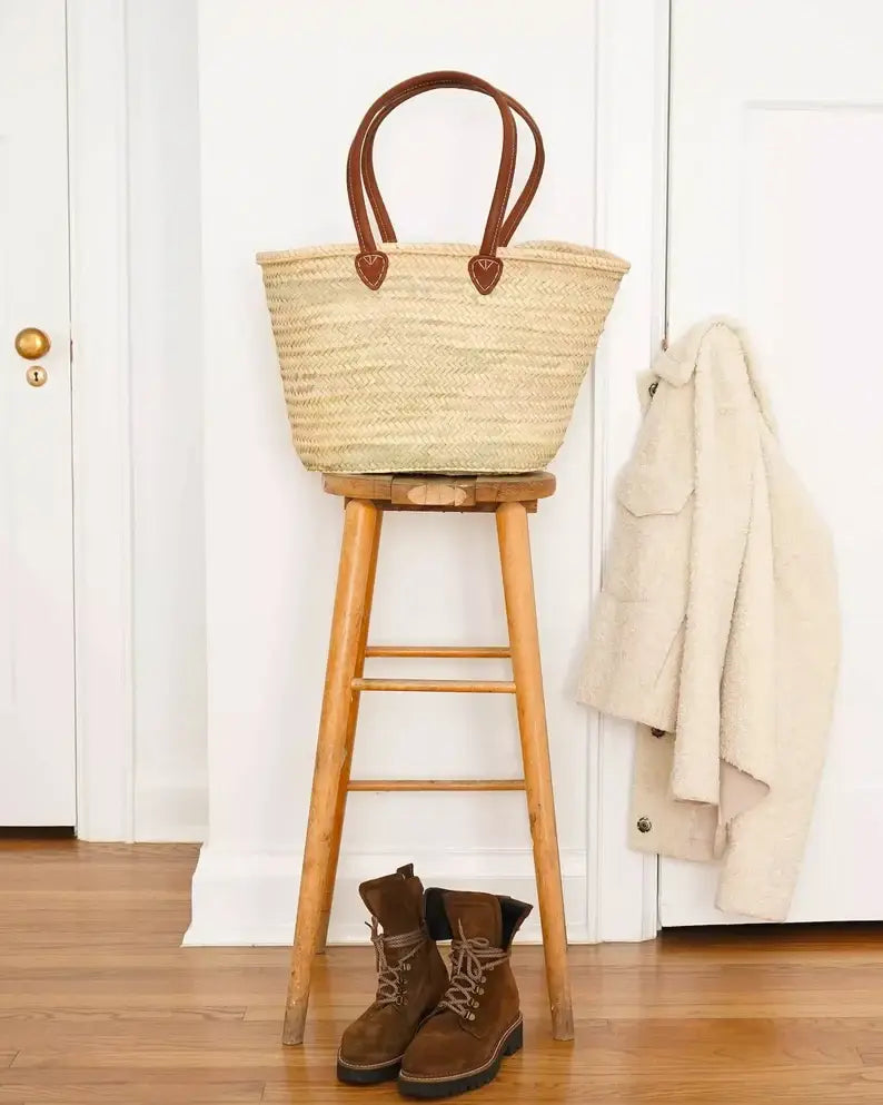 003 STRAW BAG Handmade with leather, French Market Basket: Brown