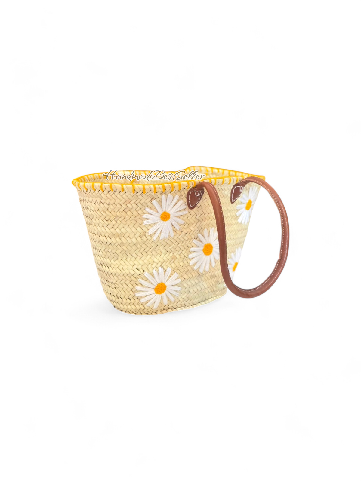 001 Handmade Straw Tote with Daisy Embroidery & Leather Straps