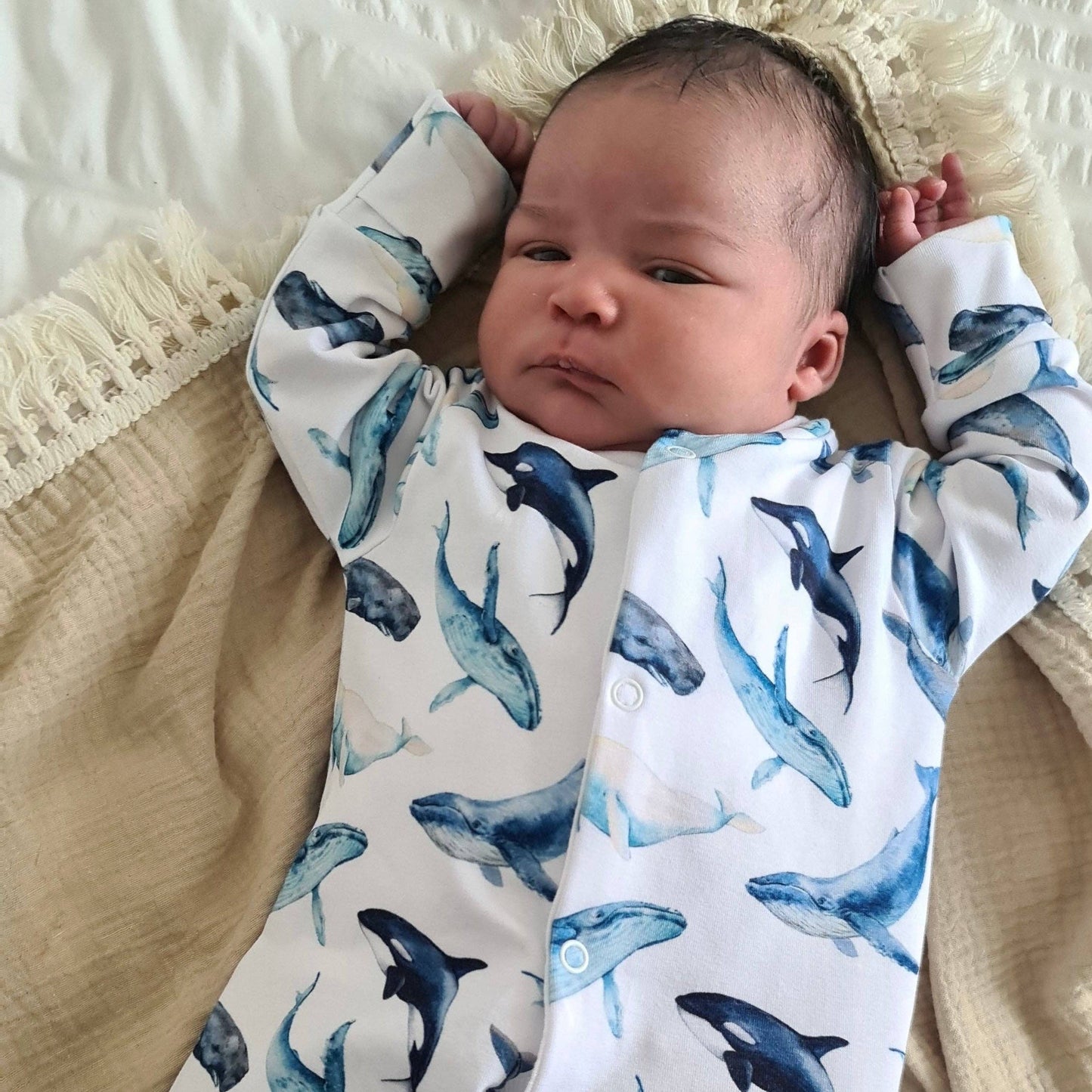 Whale print cotton sleepsuit: 0-3 M