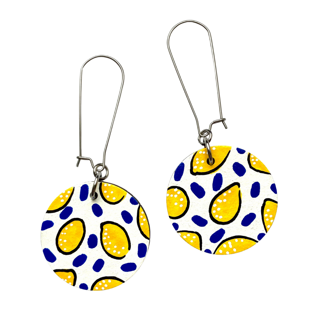 Ivy ang Ginger - Lemon print hand painted wooden dangle drop earrings
