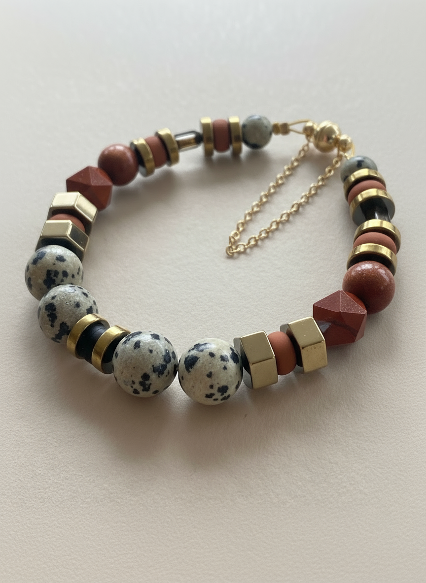 Gist - Dalmatian Jasper & Sandstone barrel bracelet