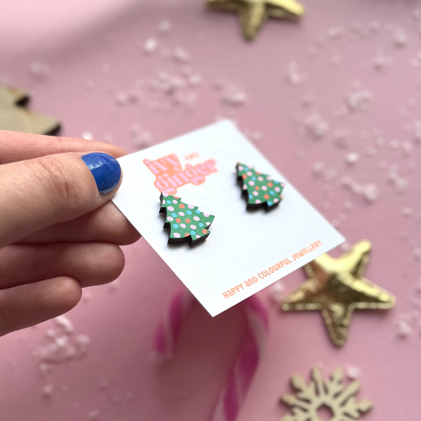 Polka dot print Christmas tree stud earrings