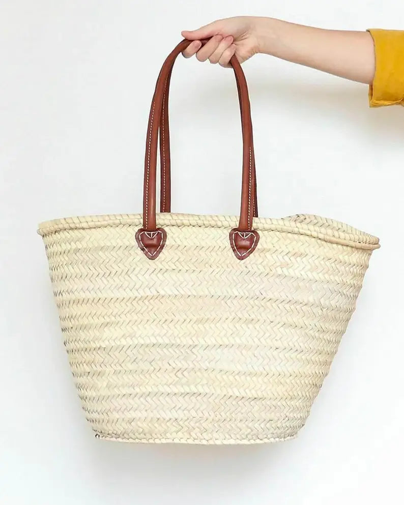 003 STRAW BAG Handmade with leather, French Market Basket: Brown
