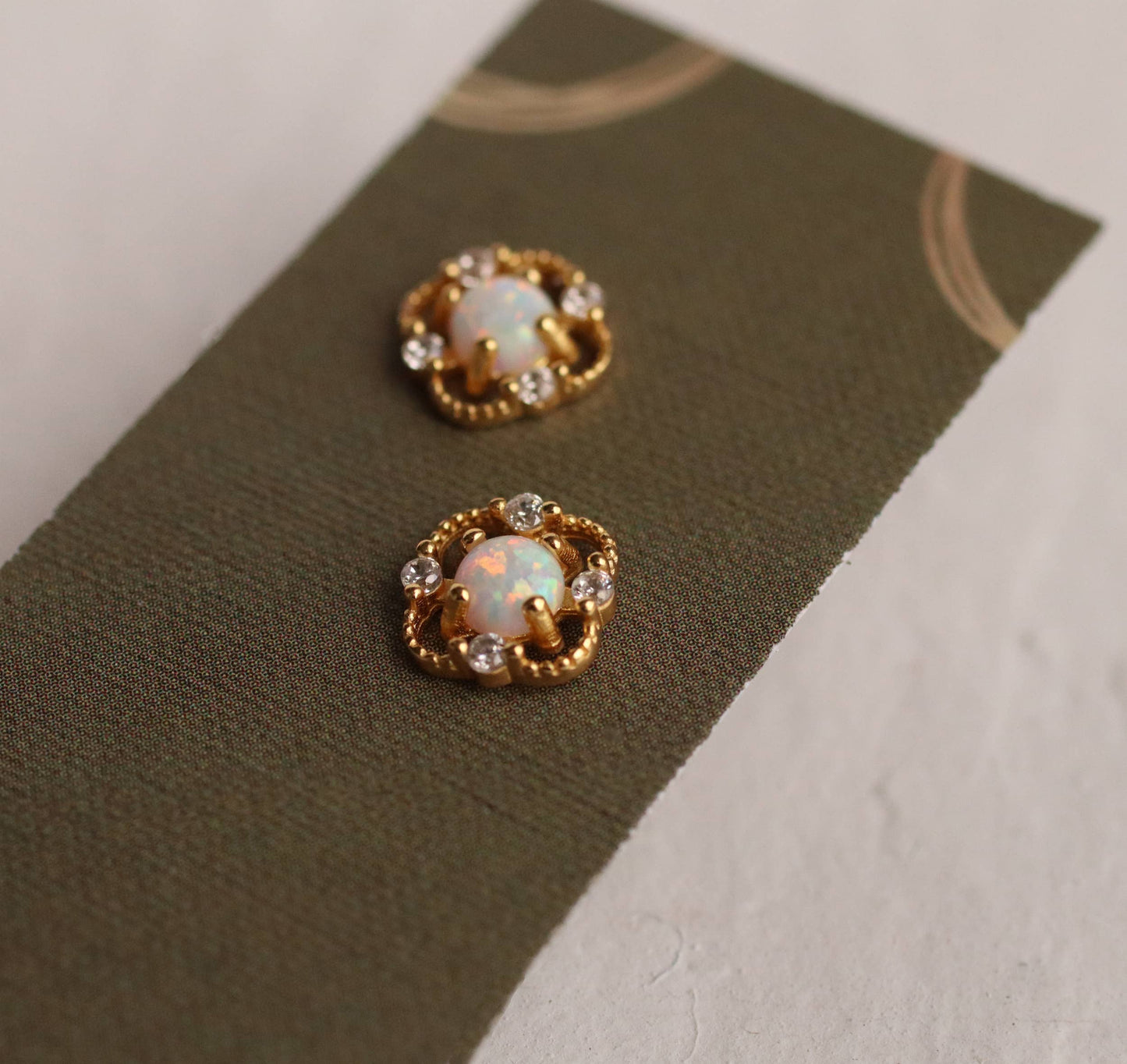 Victorian Opal Stud Earrings : Linen Presentation Card
