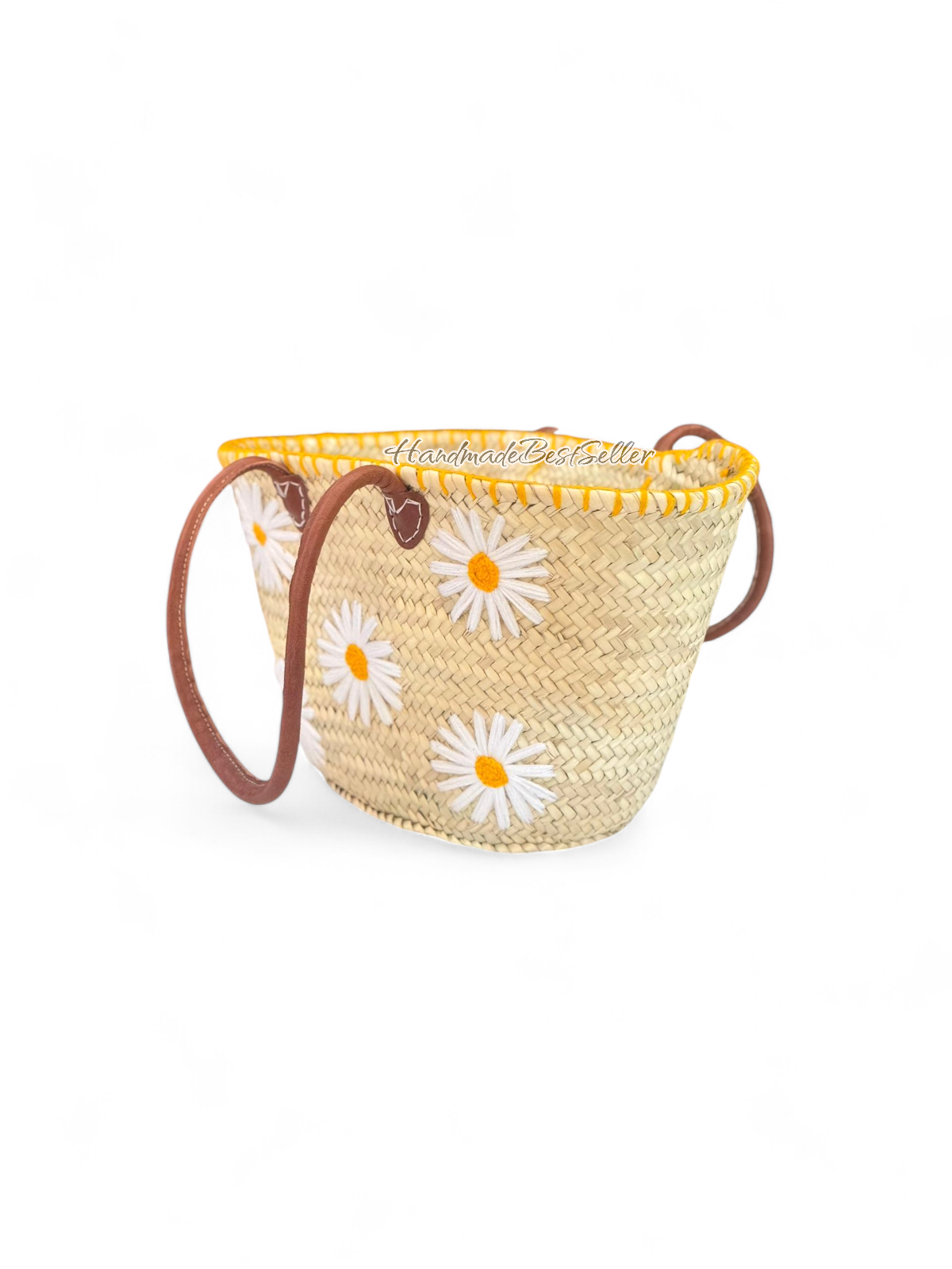 001 Handmade Straw Tote with Daisy Embroidery & Leather Straps