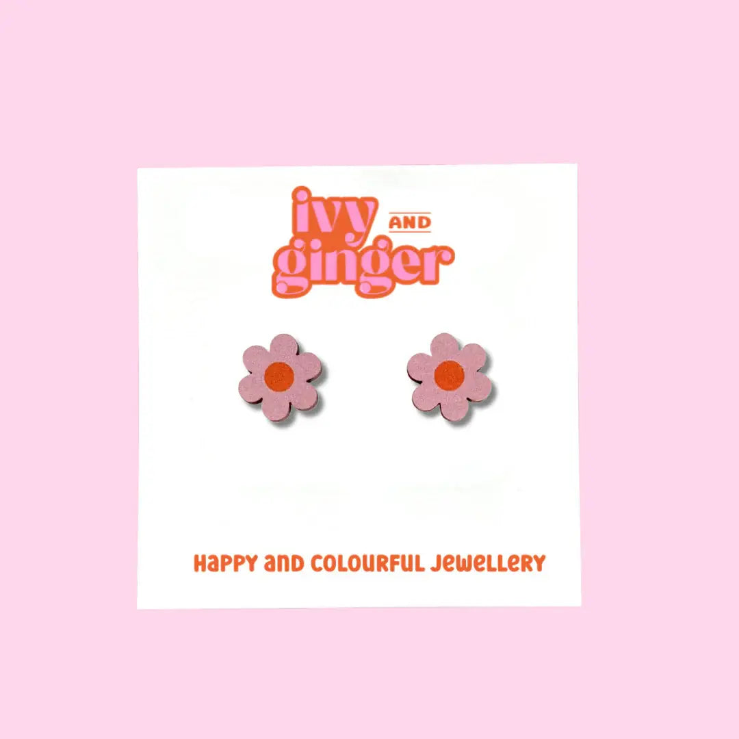 Ivy and Ginger - Midi daisy stud digitally printed wooden earrings pink