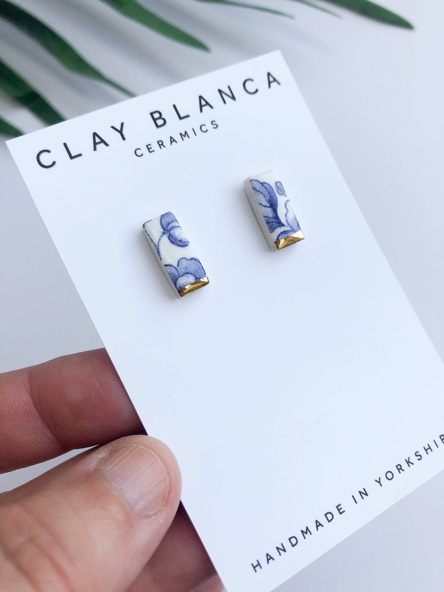Blue China Stick Rectangle Stud earrings with gold tips