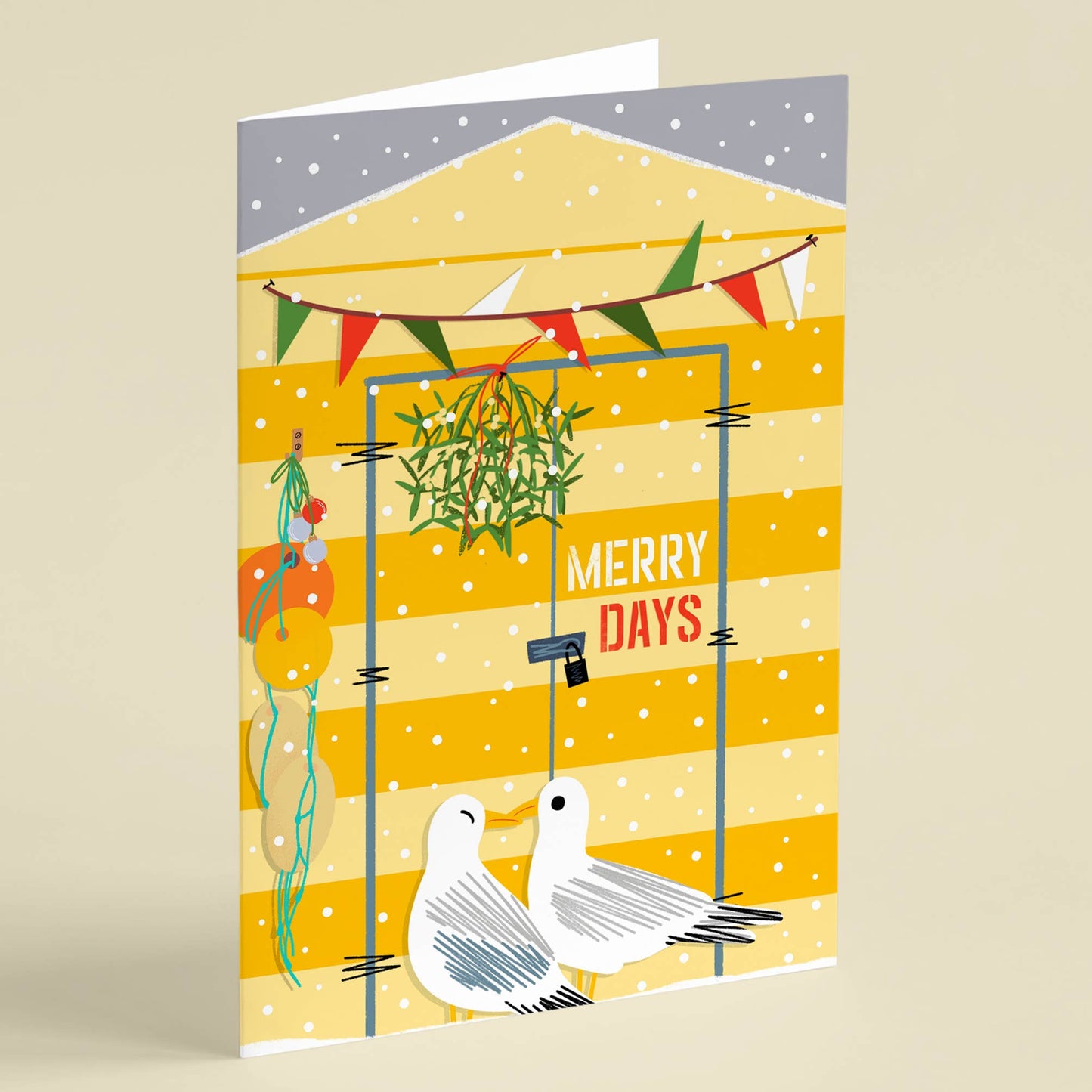 Coastal Christmas card Christmas at the beach hut yellow