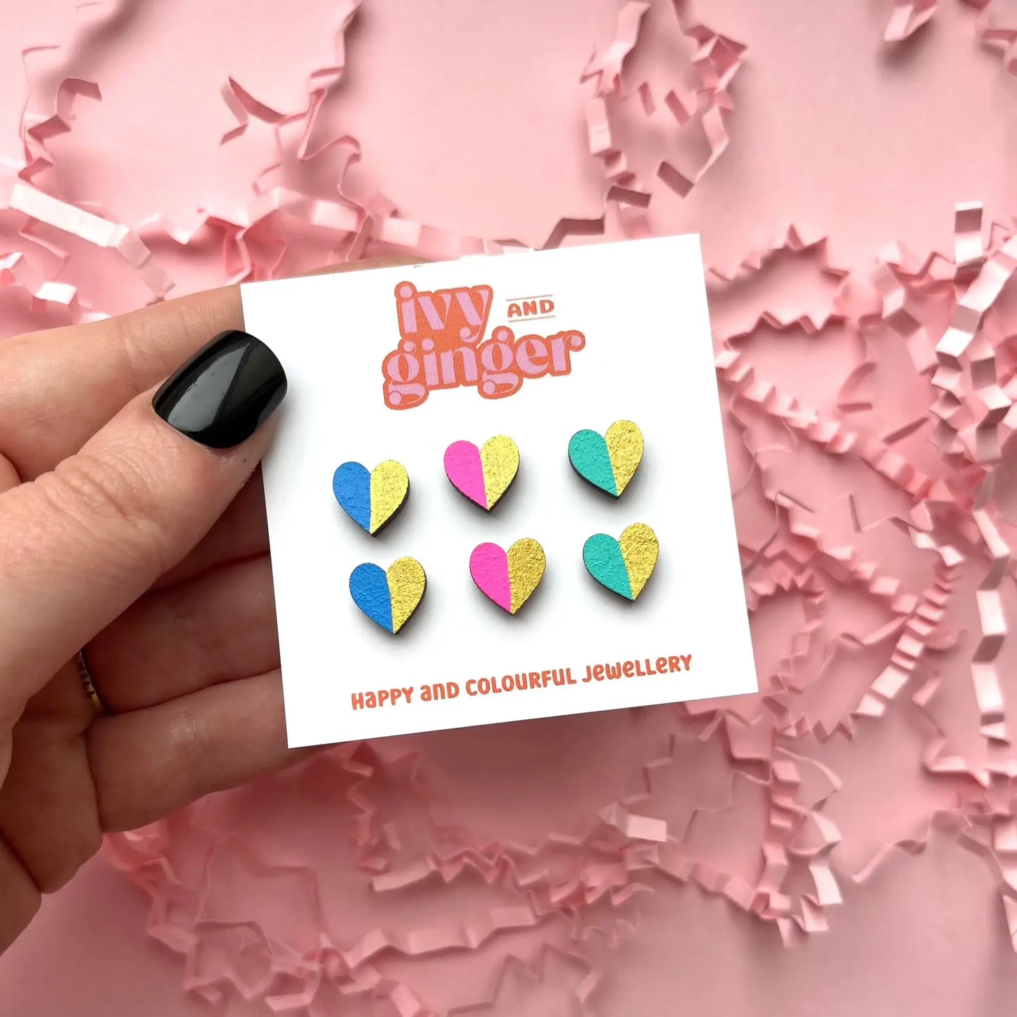 Handmade Gold Edge Heart Statement Stud Earrings Set