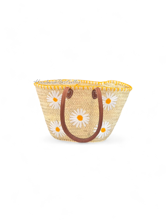 001 Handmade Straw Tote with Daisy Embroidery & Leather Straps