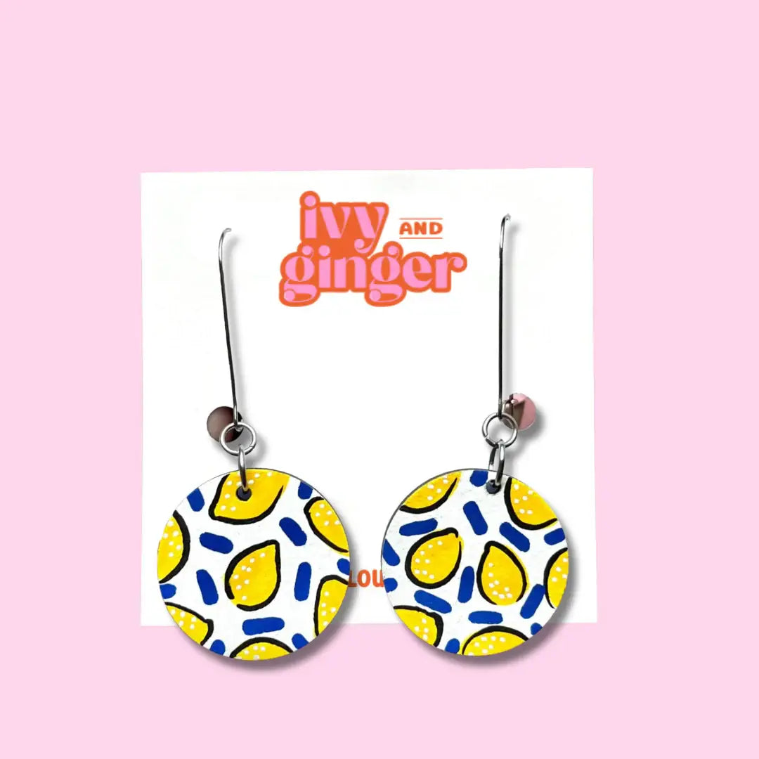 Ivy ang Ginger - Lemon print hand painted wooden dangle drop earrings