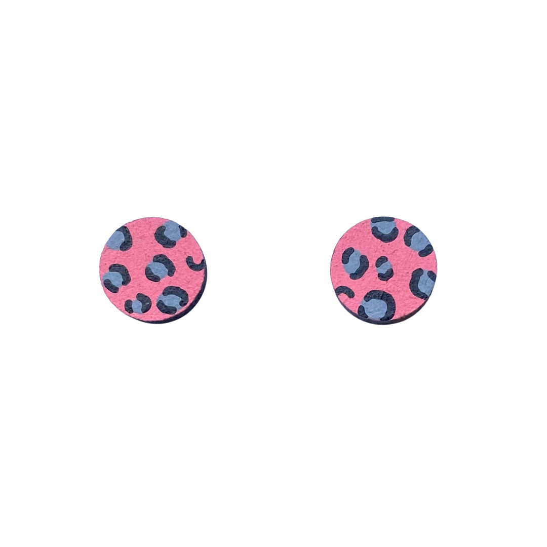 Mini leopard print circle pink and grey stud earrings