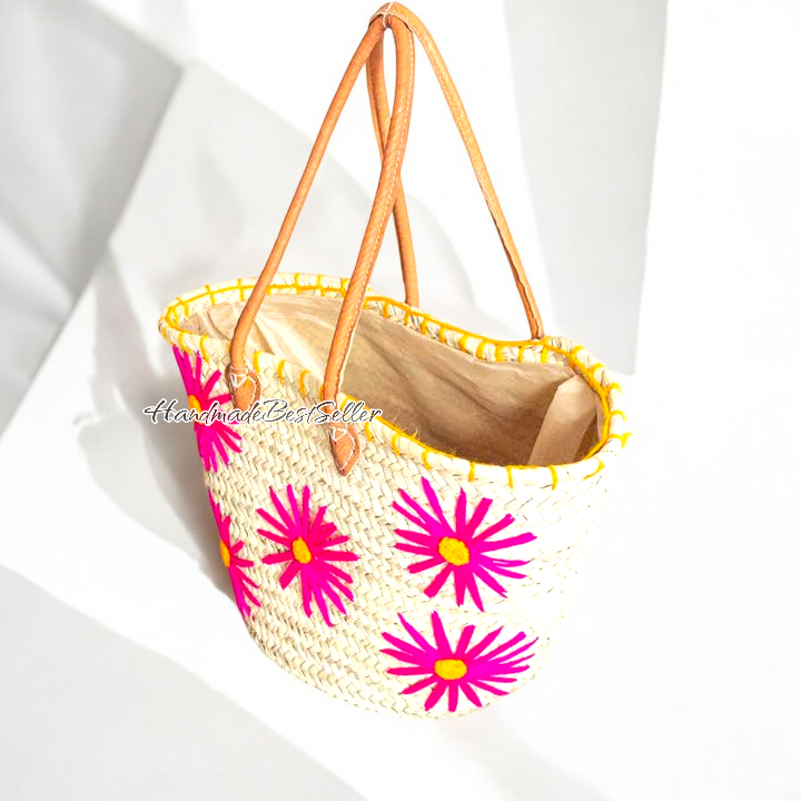 004 Handmade Straw Beach Tote with Pink Floral Embroidery