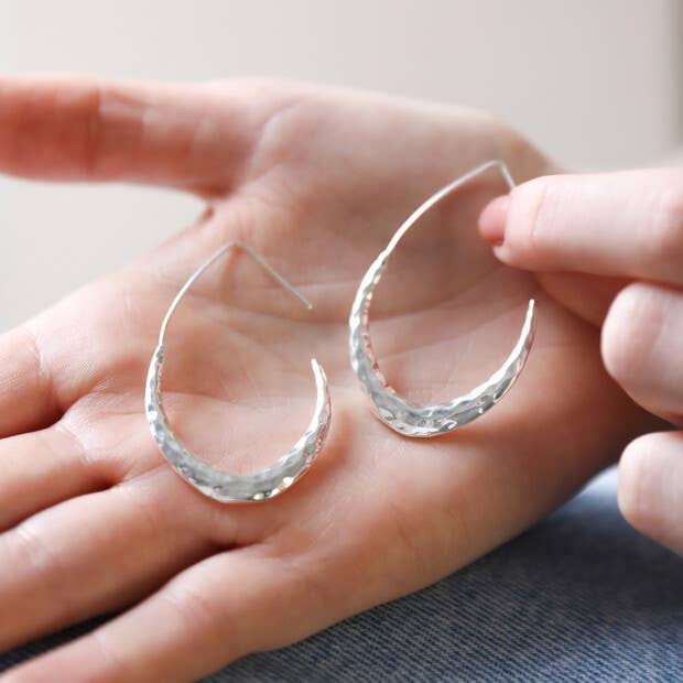 Hammered Teardrop Hoop Earrings in Silver