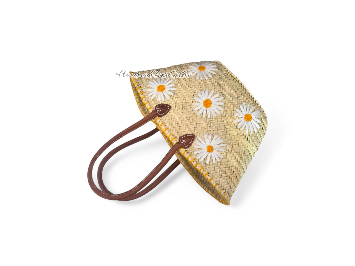 001 Handmade Straw Tote with Daisy Embroidery & Leather Straps