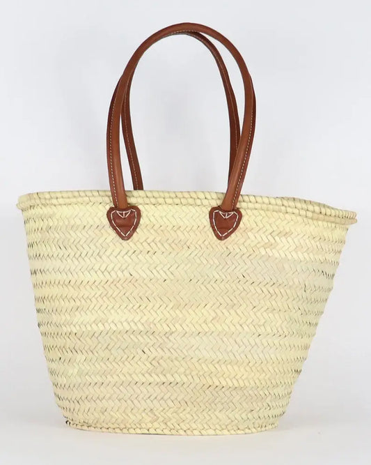003 STRAW BAG Handmade with leather, French Market Basket: Brown