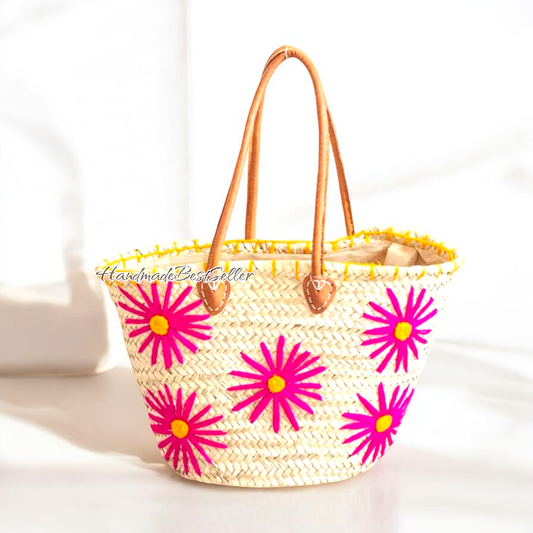 004 Handmade Straw Beach Tote with Pink Floral Embroidery