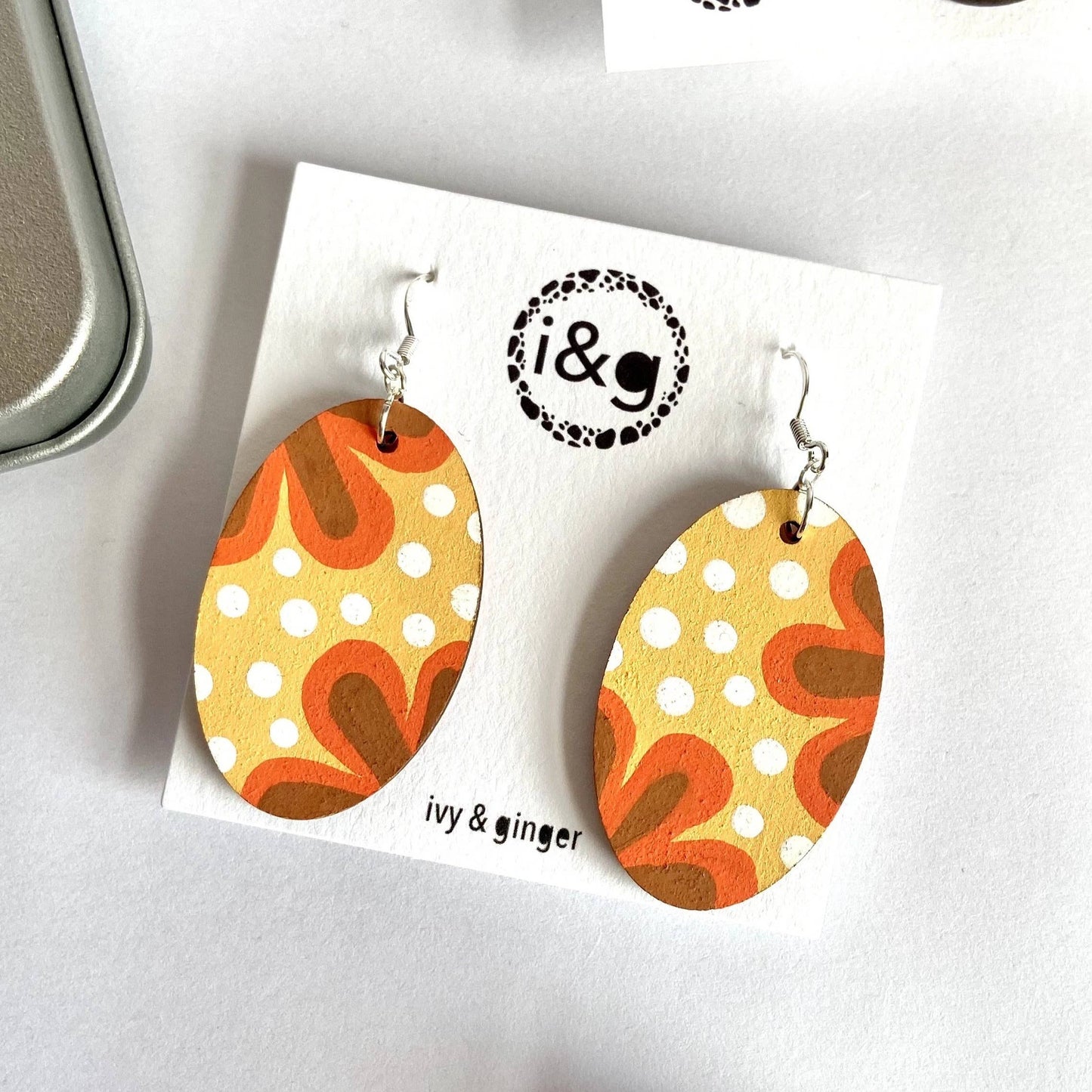 70’s retro floral print hand painted oval dangle earrings