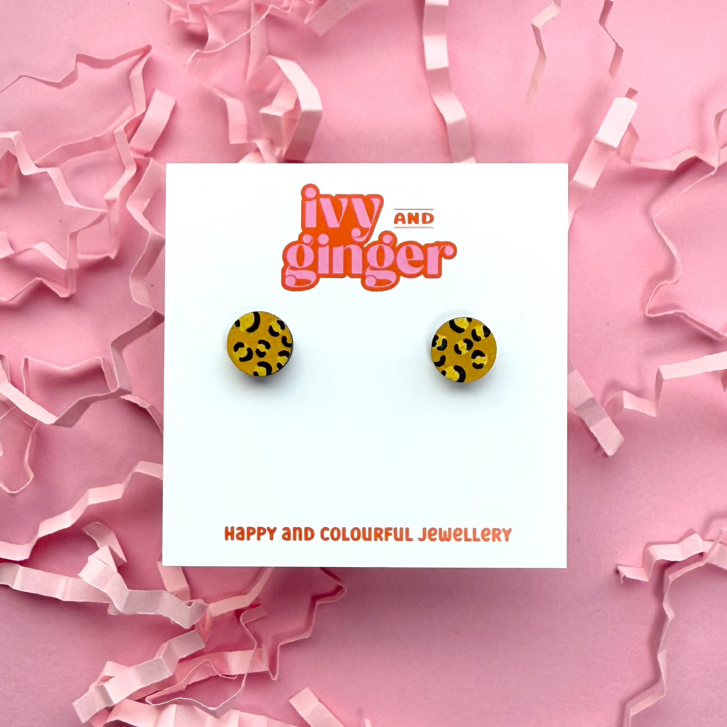 Ivy and Ginger - Mini mustard and gold leopard print circle stud earrings