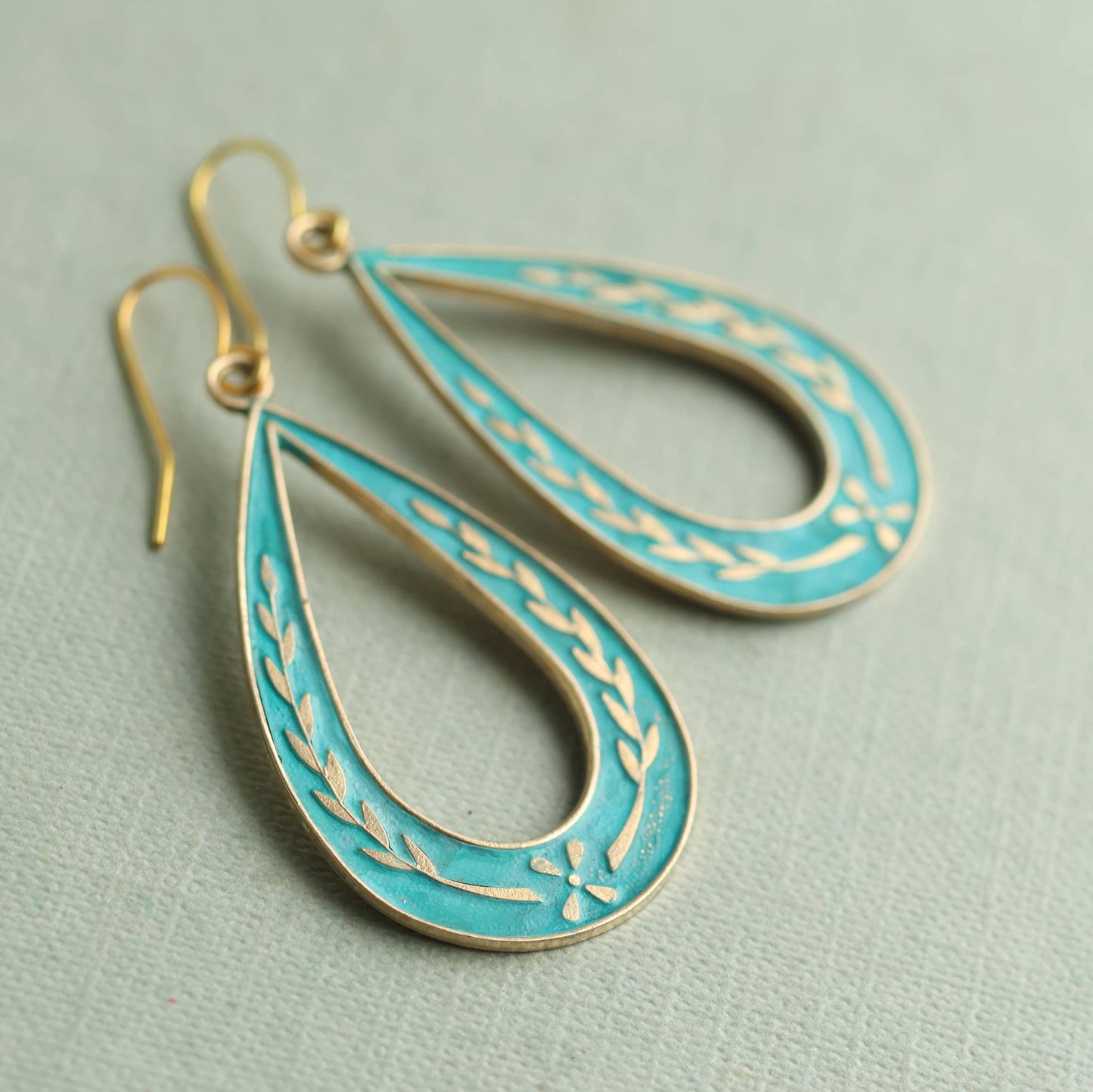 Art Nouveau Floral Sprig Hoop Earrings: Olive Green
