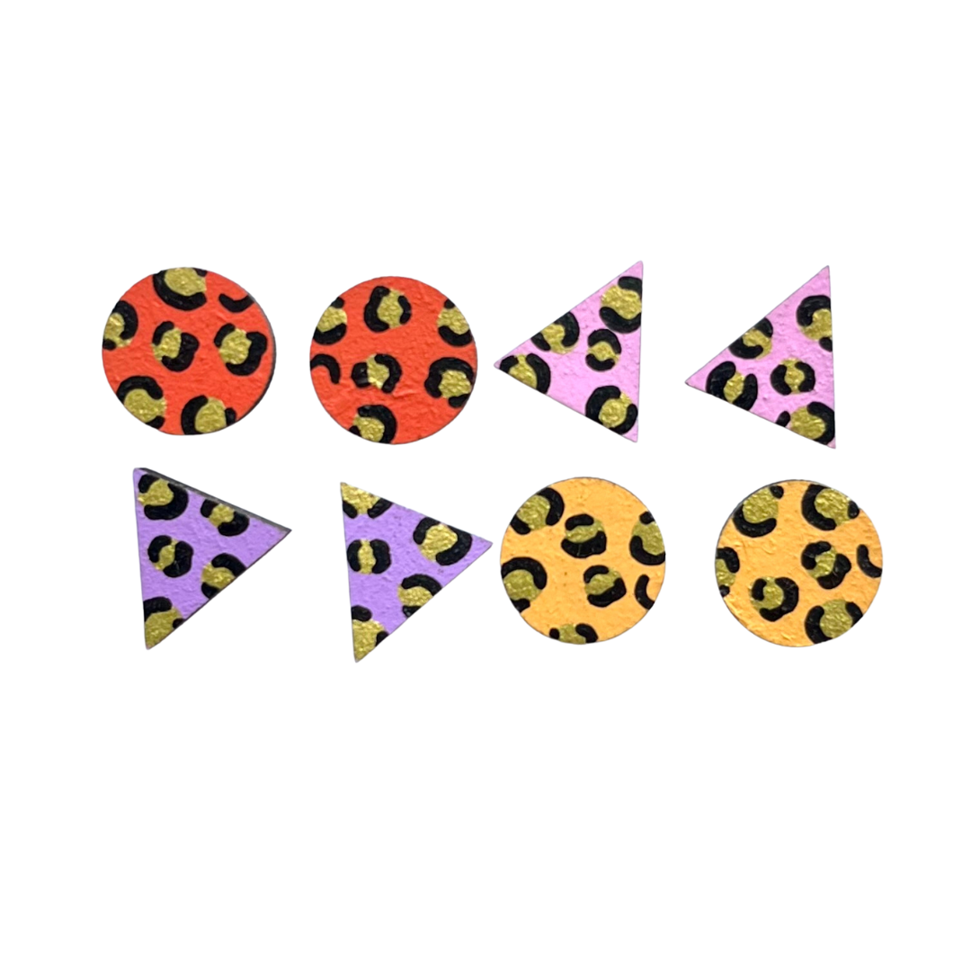 Ivy and Ginger - Handmade Bright Mini Leopard Print Stud Set Wooden Earrings