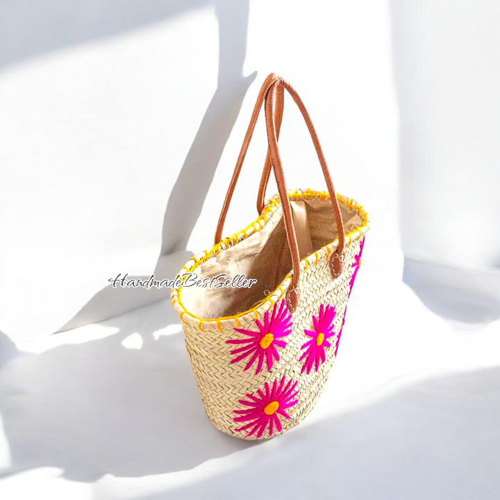 004 Handmade Straw Beach Tote with Pink Floral Embroidery