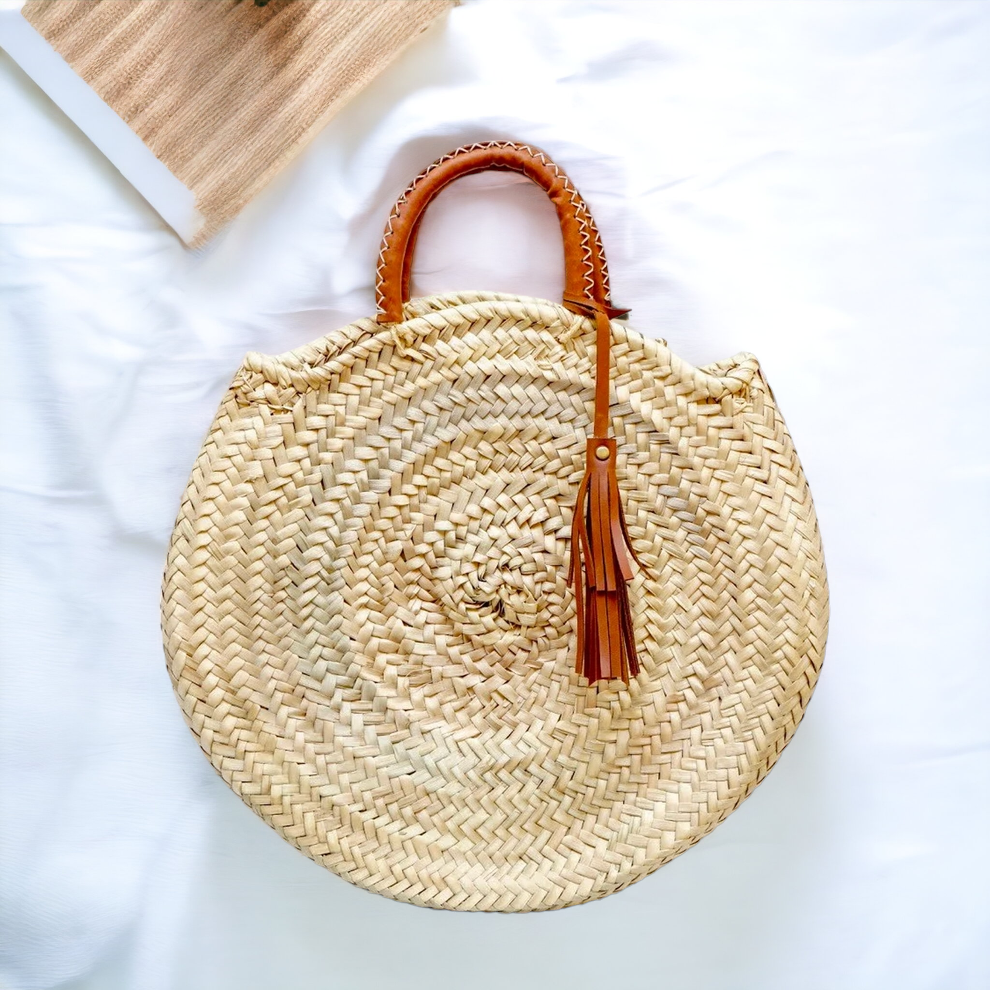 Straw Tote Bag with Leather Handles | Round bag: Brown