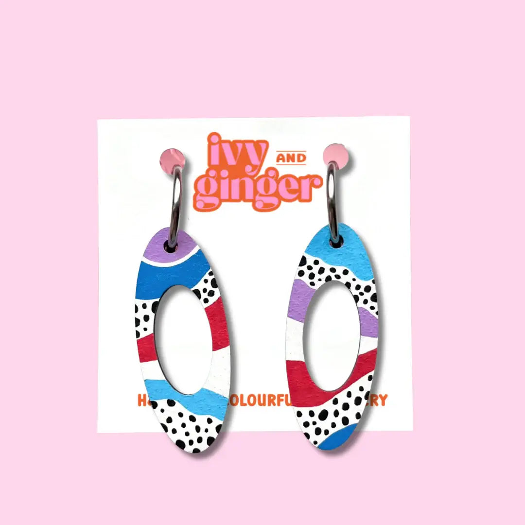 Ivy and Ginger - Hand painted fun wavy abstract oval hoop dangle earrings
