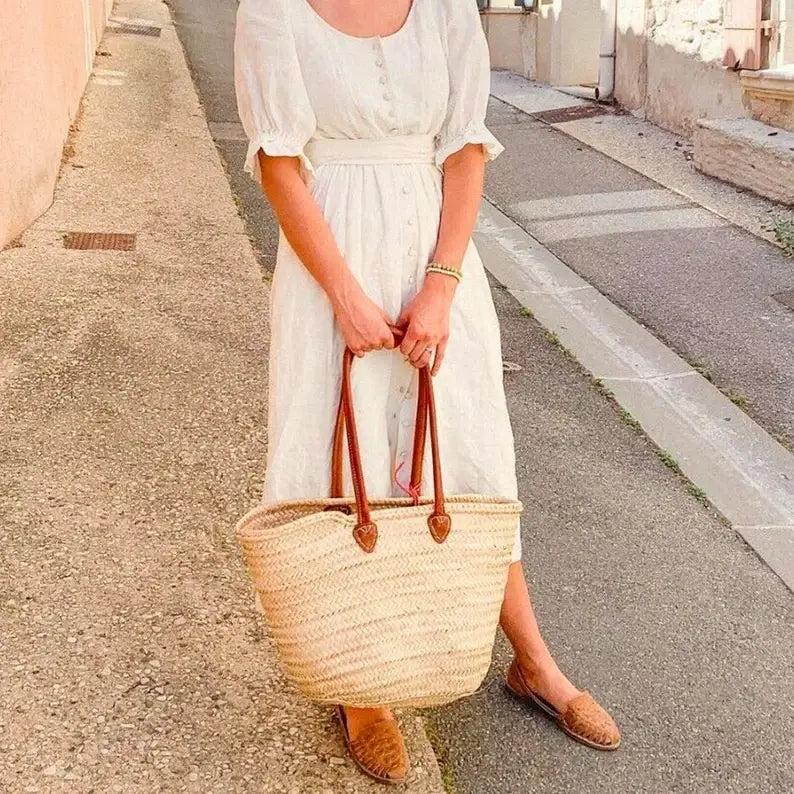 003 STRAW BAG Handmade with leather, French Market Basket: Brown