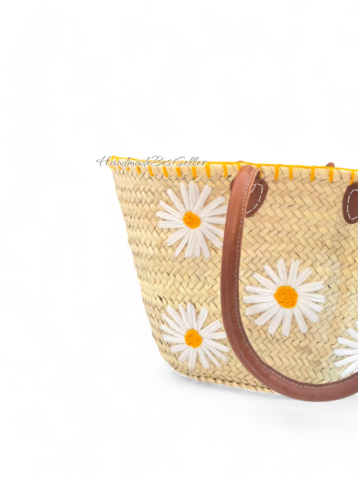 001 Handmade Straw Tote with Daisy Embroidery & Leather Straps