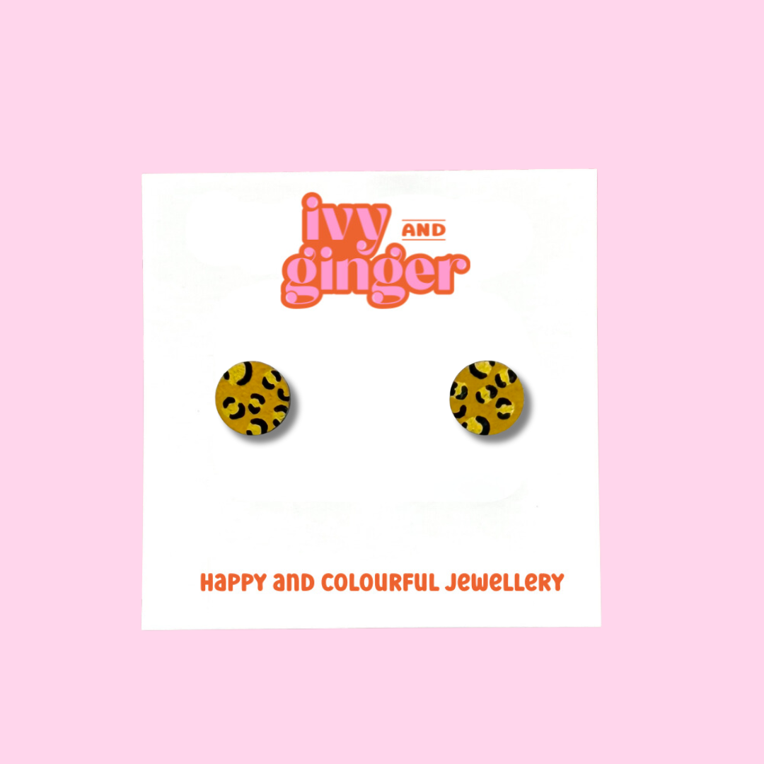 Ivy and Ginger - Mini mustard and gold leopard print circle stud earrings