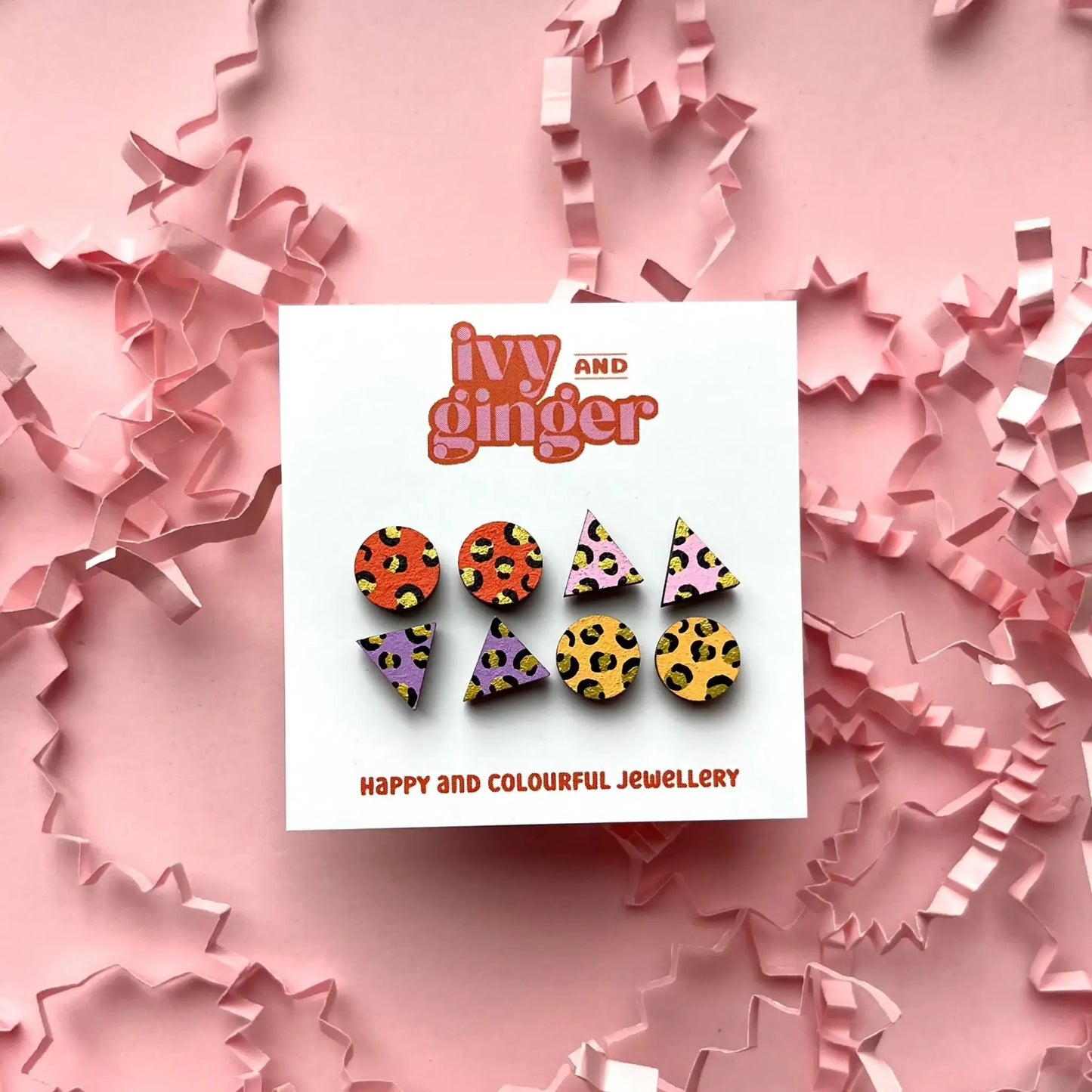Ivy and Ginger - Handmade Bright Mini Leopard Print Stud Set Wooden Earrings