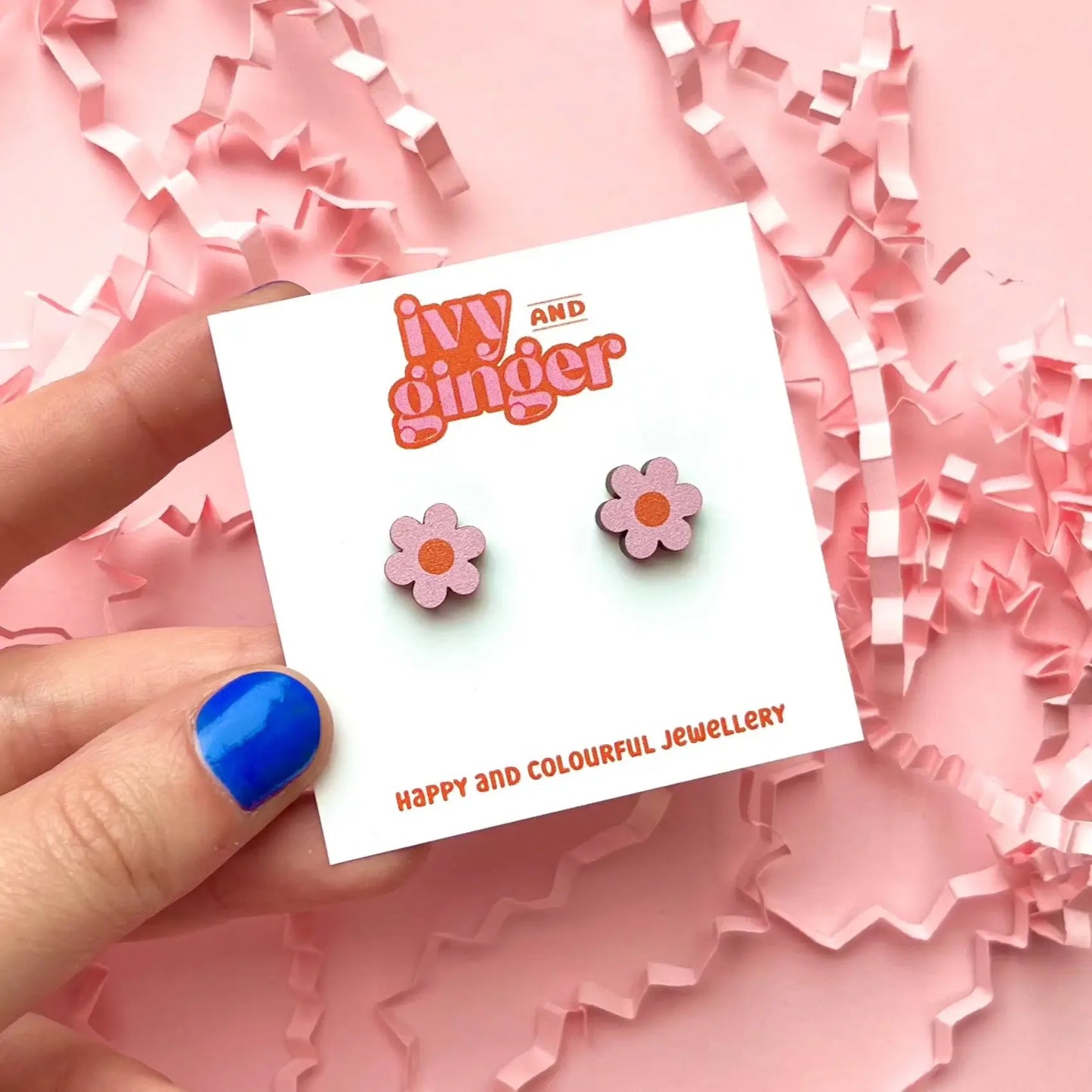 Ivy and Ginger - Midi daisy stud digitally printed wooden earrings pink