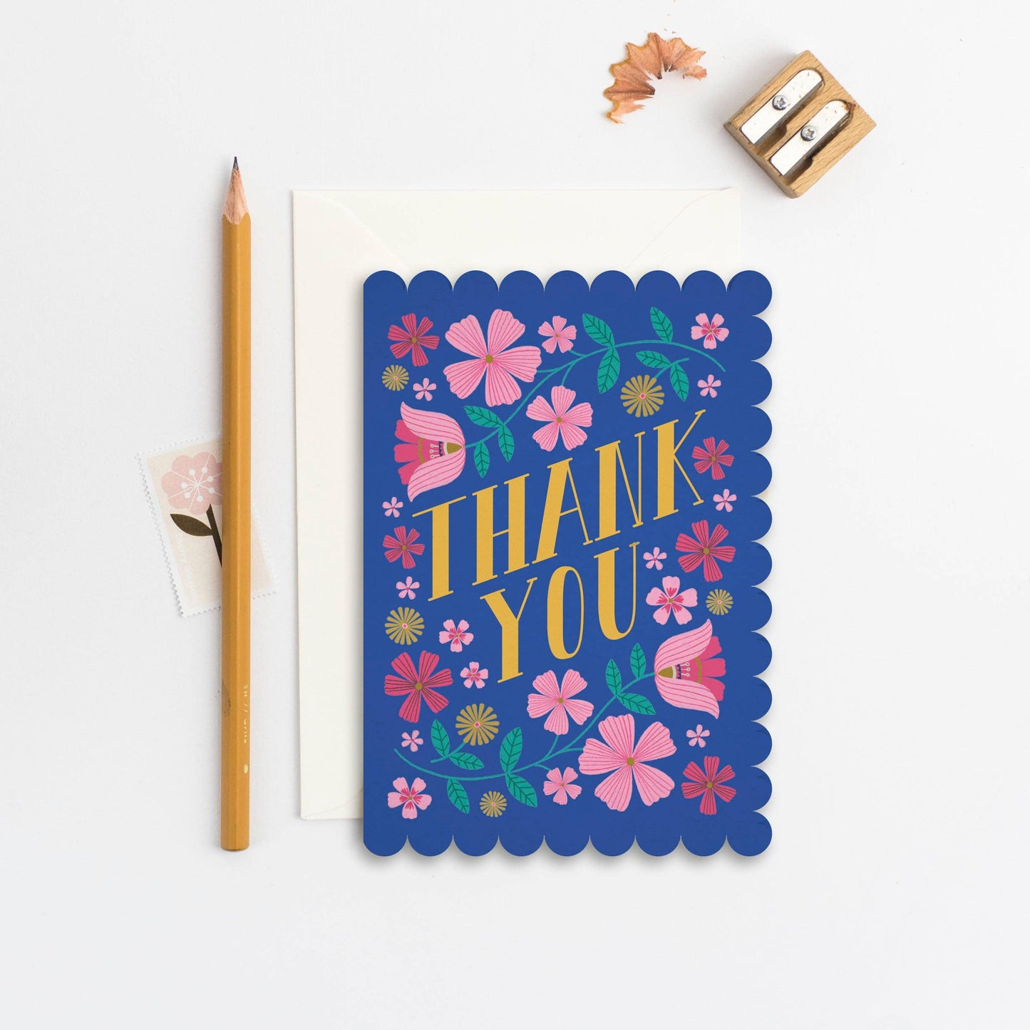 Folk Flowers Blue Scalloped Thank You Card