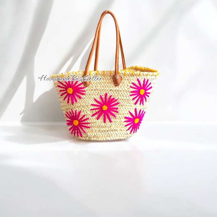 004 Handmade Straw Beach Tote with Pink Floral Embroidery