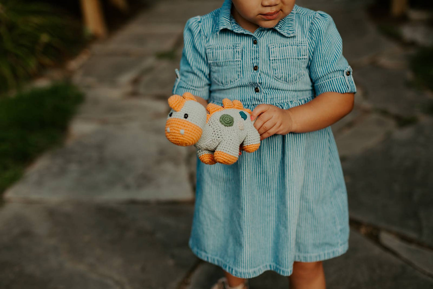 Crochet Baby Toy Dinosaur rattle-stagger teal