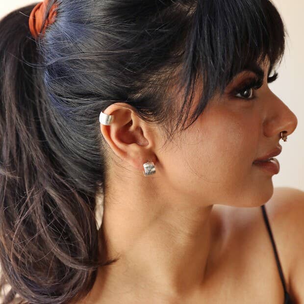Brushed Wide Huggie Hoop Earrings: Silver