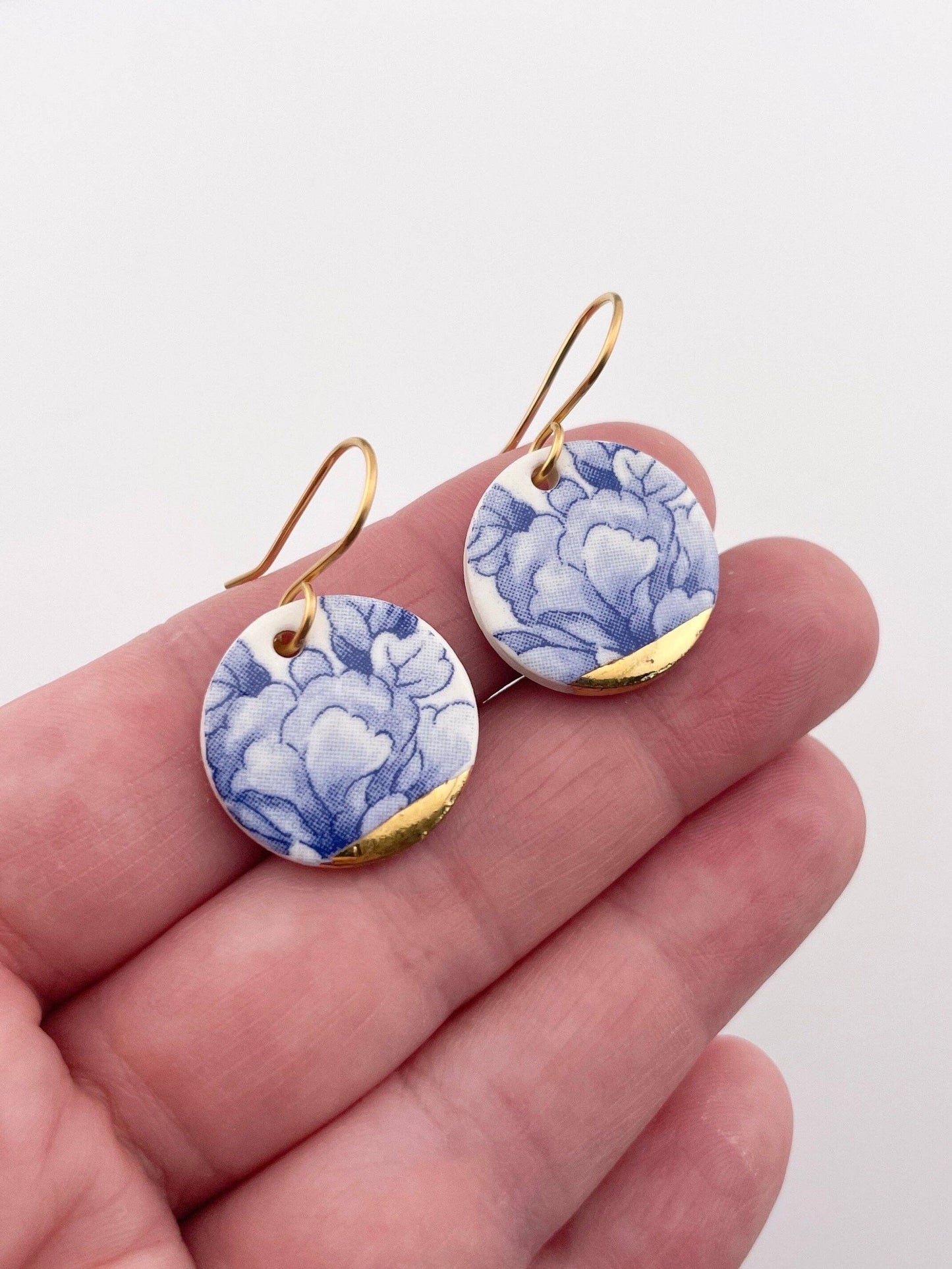 Blue China Large Round Dangle earrings with gold tips
