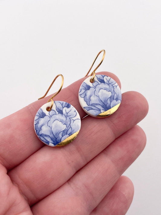 Blue China Large Round Dangle earrings with gold tips